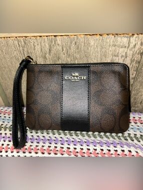 Coach Brown and Black Signature Zip Wristlet Key & Card Holder